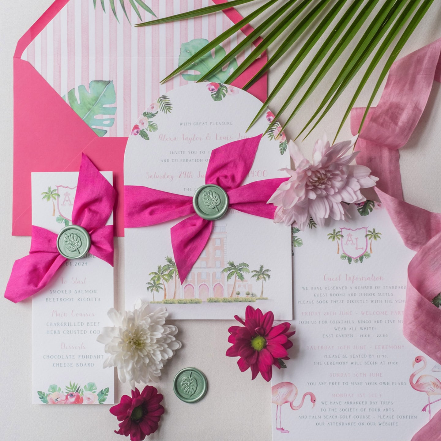 Palm Beach Wedding Menu alongside Palm Beach Wedding Invitation Set